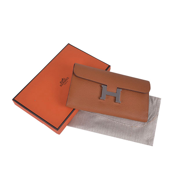 Hermes H 6023 Flap Wallet Light Coffee Button Silver